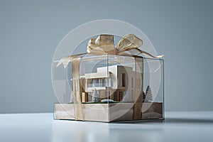 House as a gift. House architectural model in a gift box with a bow. Buying a new home, inherit real estate. Mortgage and home