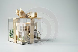 House as a gift. House architectural model in a gift box with a bow. Buying a new home, inherit real estate. Mortgage and home