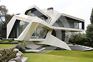 House with an asymmetrical facade, bold angles, and unexpected curves, epitomizing daring architectural creativity.