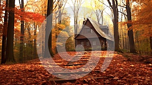 a house in an autumn forest, red and yellow colors of nature. Generative AI