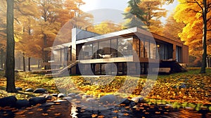 a house in an autumn forest, red and yellow colors of nature. Generative AI