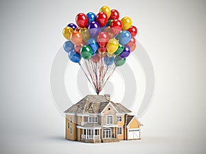 House with balloons bunch on white background. Real estate purchasing, moving house,  housewarming  and gift concept photo
