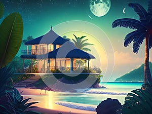 A house by the beach, under a moonlight sky, generated by AI.