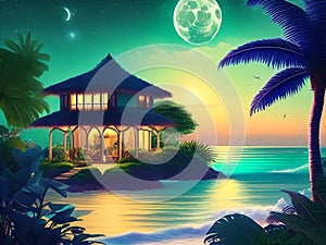 A house by the beach, under a moonlight sky, generated by AI.