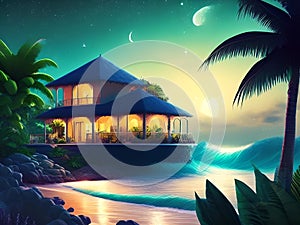 A house by the beach, under a moonlight sky, generated by AI.