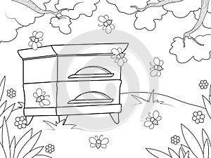 House for bees, beehive stands in the garden. Page outline of cartoon. Vector illustration, coloring book for kids.