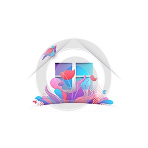 House with bird and flowers concept. Abstract vector illustration, background about property