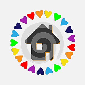 House black, grey icon, circle of hearts, shape of globo planet. Rainbow colors. Concept of overall love, kindness