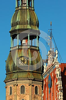 House of the Blackheads and St. Peter church in Riga Old Town, UNESCO World Heritage Site in Latvia