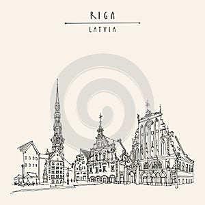 House of the Blackheads, St. Peters Church and statue of Roland in Riga old town, Latvia, Europe. Hand drawn postcard in vector