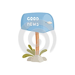 House blue mailbox with good news concept background, cartoon style