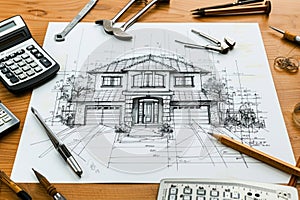 House blueprint with calculator, pencil, and tools on wooden table