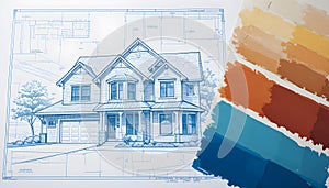 House Blueprint With Color Palette Representing Interior Design Planning