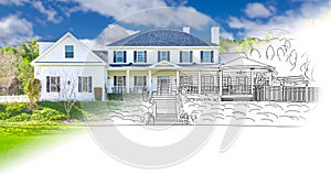 Large House Blueprint Drawing Gradating Into Completed Photograph. photo