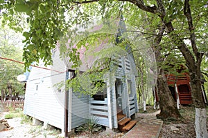 House bright stands in the woods on a Sunny autumn day