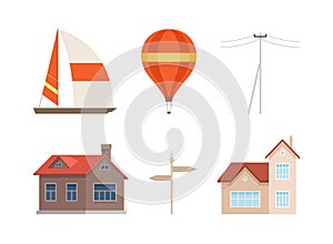 House Building, Boat, Hot Air Balloon, Power Cable and Direction Pole as City Street Element Vector Set