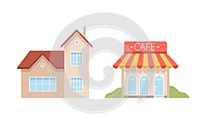 House Building and Cafe as City Street Element Vector Set