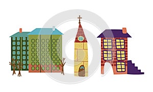 House Building and Church as City Street Element Vector Set