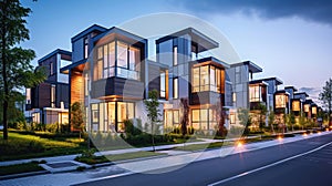 House building and city construction concept: evening outdoor urban view of modern real estate homes