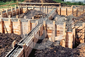 House building construction site, foundation and cement pouring