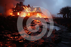 House burns ablaze due to lava impact by the sea.