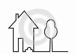 House with bush and tree, contour drawing, vector symbol, eps.