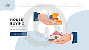 House-buying homepage template. Seller gives house to customer. Buyer brings money for home purchase dealing. Deal sale