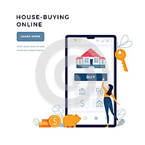 House-buying online banner. Woman buys a home paying by credit card. Dealing house, property web purchase, mortgage