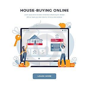 House-buying online, concept for landing page. Couple touching the button on monitor screen, buy a home. Dealing house