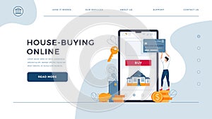 House-buying online homepage template. Man buys property, paying by credit card. mortgage, home purchase, house loan