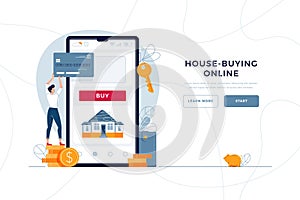 House-buying online landing page template. Man buys a new home, paying by credit card. mortgage, property purchase