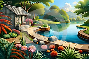 House on a calm sea. Summer vacation concept. sea lake with trees. artistic landscape artwork with flowers. beautiful heaven like
