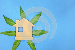 House cardboard cutout with fresh green leaves growing. Sustainable and green living concept.