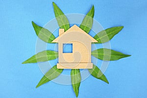 House cardboard cutout with fresh green leaves growing. Sustainable and green living concept.