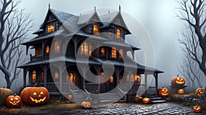 A House With Carved Pumpkins In Front Of It. Generative AI