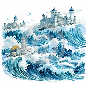 House, castle and wave illustration, free stock photo