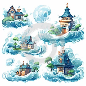 House, castle and wave illustration, free stock photo