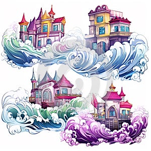 House, castle and wave illustration, free stock photo
