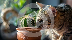 A house cat eyeing a potted cactus with cautious interest, its whiskers and keen eyes focused on the prickly green plant