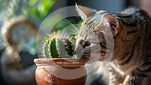 A house cat eyeing a potted cactus with cautious interest, its whiskers and keen eyes focused on the prickly green plant photo
