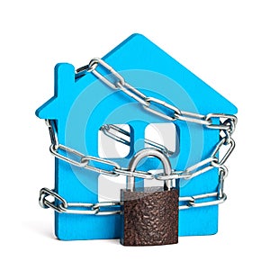 House in chain and locked with padlock. Isolated on a white background