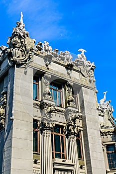 House with chimeras in Kiev, Ukraine. Art Nouveau building with sculptures of the mythical animals was created by architect