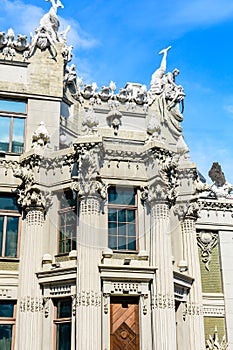 House with chimeras in Kiev, Ukraine. Art Nouveau building with sculptures of the mythical animals was created by architect