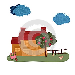 House with chimney in Village. Villa with apple tree and chicken in valley. Summer time in farm. Cottage in country photo