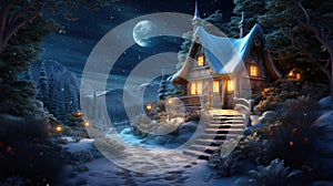 House and Christmas decorations in winter forest at night, scenery of lone chalet, snow and moon. Cottage and trees in snowy woods