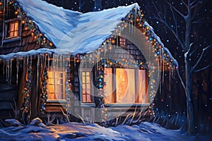 House with Christmas lights in the snow