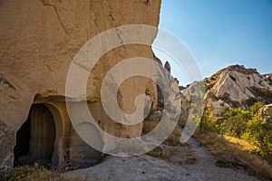 House and Church in the rock. Entrance from old dwelling. Goreme, Cappadocia, Turkey