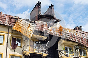 House in of civilians destroyed by russian weapons. Atrocities of the russian army in the suburbs of Kyiv Irpin