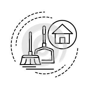 House Cleaning black line icon. Handyman service. Disposing of rubbish, cleaning dirty surfaces, dusting and vacuuming