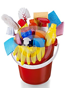 House Cleaning Equipment and Supplies in Bucket -